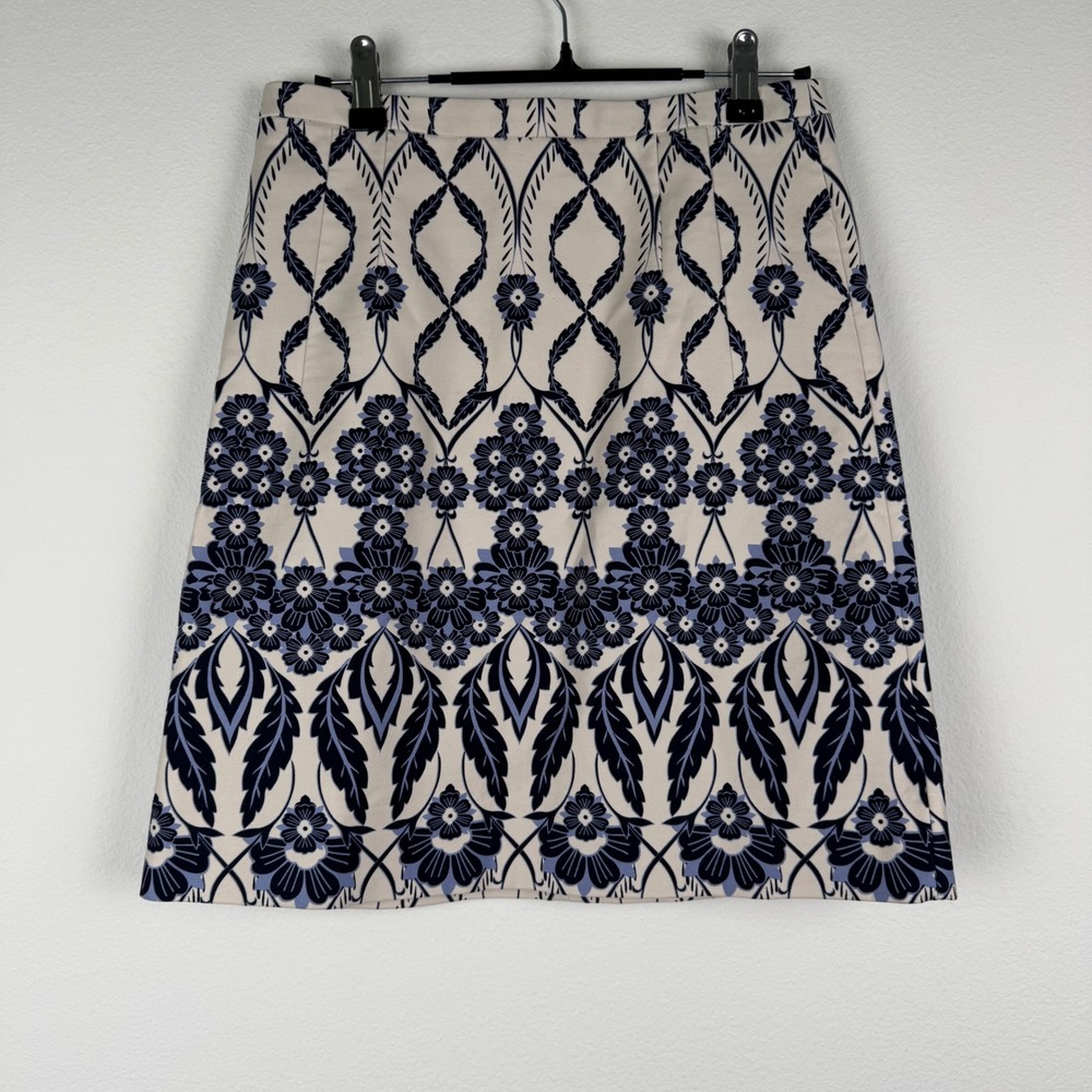 J. Crew A-Line Skirt Womens 0 Cream Navy Blue Excellent Floral Damask Chic